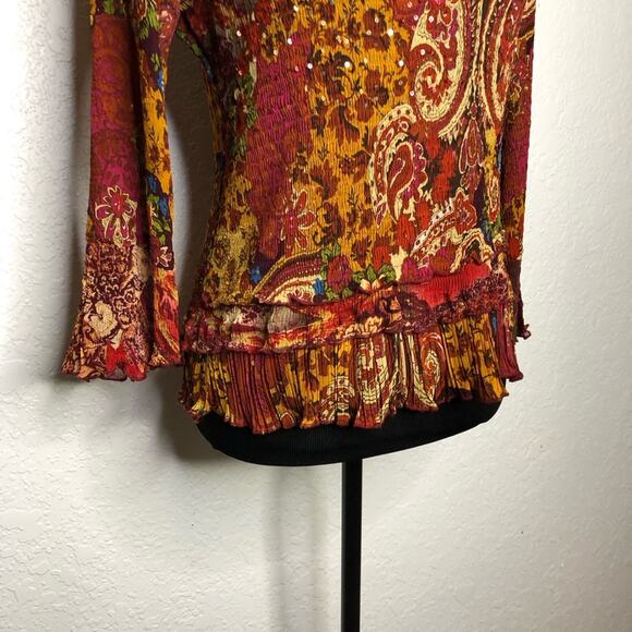 Alberto Makali red gold mixed floral print sequin crinkle top size Large - Picture 3 of 16
